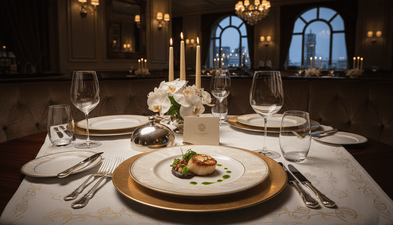 Elegantly plated gourmet dishes on a luxury dining table with fine stemware and sophisticated decor