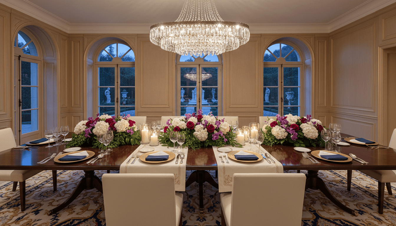 Elegantly plated fine dining dishes on a luxury event table with sophisticated table setting and ambient lighting