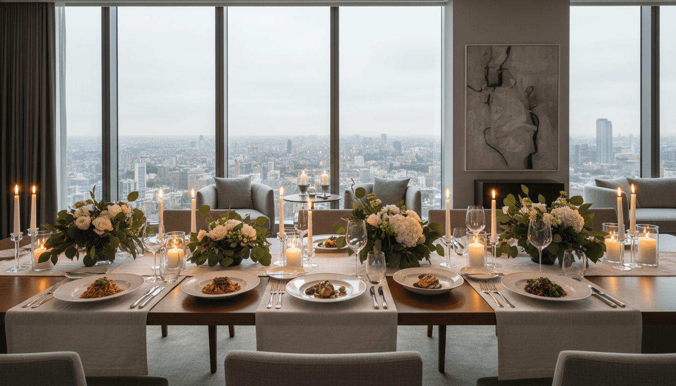 Beautifully plated gourmet dishes on an elegant table setting at a luxury event venue
