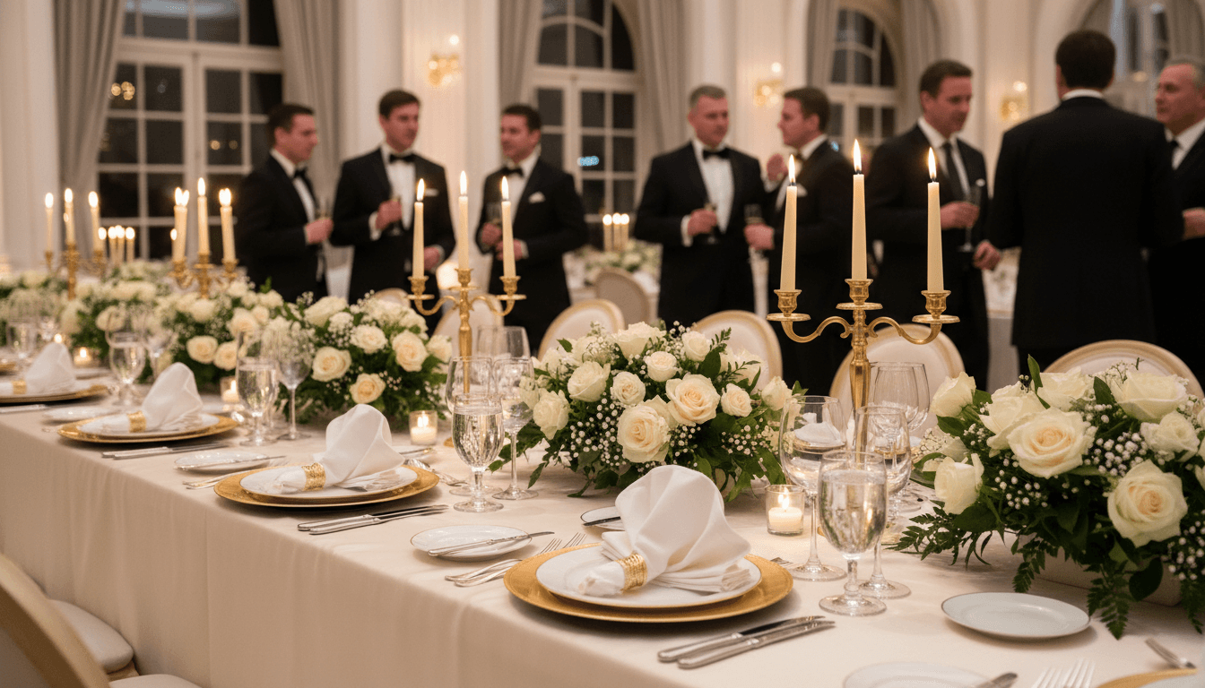 Elegant luxury catering event with fine dining table setup, gourmet plated dishes, and sophisticated ambiance